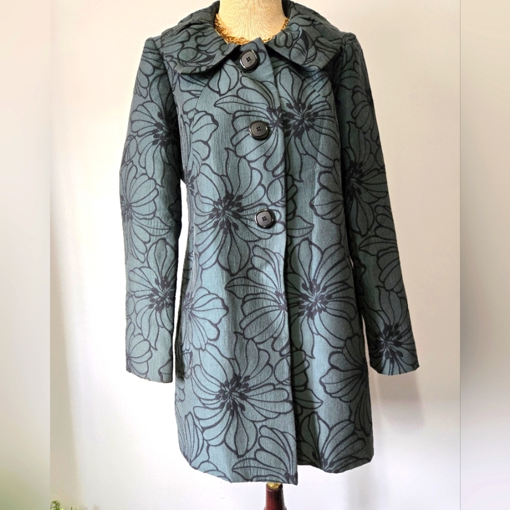 BAIA- Dark Teal Dress Jacket With Black Floral Print. Size 8